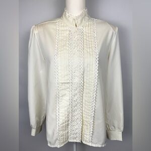 Vintage 80s Rhoda Lee Victorian Revival Blouse Ecru High Neck Eyelet Lace Sz 16